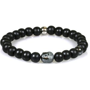 IbizaMen - Zwart hout 8mm - hematiet buddha RVS - 19cm