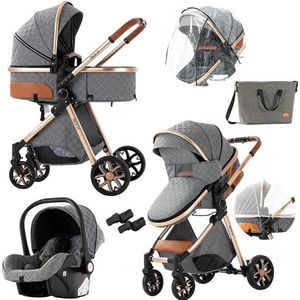 Mookes 3-In-1 Lichtgewicht Kinderwagen Luxe Hoog Landschap Kinderwagen Voor Pasgeborenen Compacte Regenhoes Kinderwagen Voor Baby Light Grey