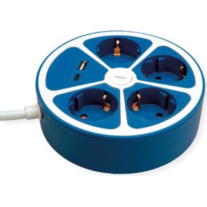 ROLINE 4-voudige stekkerdoos met schakelaar, rond, , USB-oplader A+C, blauw, 3 m