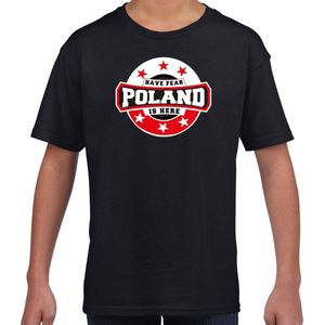 Have fear Poland is here t-shirt met sterren embleem in de kleuren van de Poolse vlag - zwart - kids - Polen supporter / Pools elftal fan shirt / EK / WK / kleding 146/152