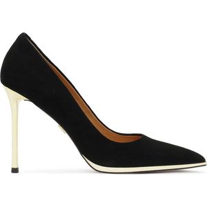 Black suede pumps with gold heel