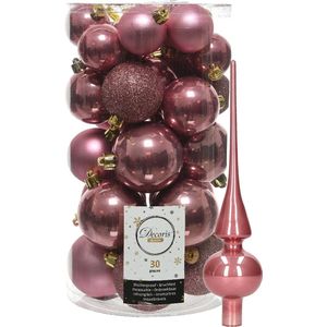 Decoris kerstballen 30x stuks - oud roze 4/5/6 cm kunststof mat/glans/glitter mix en shiny glazen piek 26 cm
