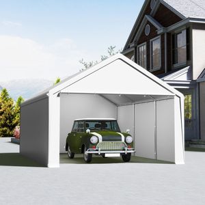Tentgarage Grote Carport Garagetent Autoluifel Garageluifel Opslagtent Uv-Bestendig Waterdichte Schuilplaats Met Oprolbaar Raam (4x6 M, Wit)