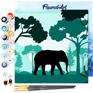 Figured'Art Mini Schilderen op Nummer Volwassenen 20x20cm met lijst Olifant in het groene woud - Klein Formaat Creatieve Hobby Kit DIY Art Nummer Compleet