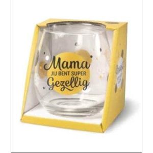 Wijnglas - Waterglas - Mama jij bent super gezellig - Gevuld met verpakte Italiaanse bonbons - In cadeauverpakking met gekleurd lint