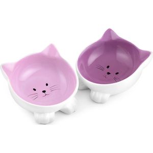 Navaris voerbakjes voor katten - Set van 2 voer- en waterbakken - Etensbak van keramiek - Met antislip voetjes - Kattenvorm - Roze/Paars