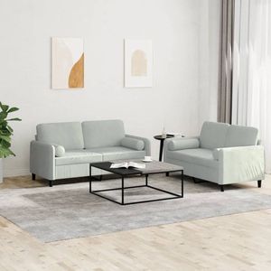 The Living Store 2-delige Loungeset met kussens fluweel lichtgrijs - Tweezitsbank - Lounge Sofa - Bankstellen - Fluweelbanks - Grijze Bank