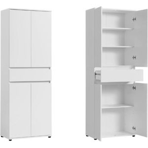 Kast 60 cm Breed Met 4 Deuren en Lade, Veelzijdige Opbergkast, Multifunctionele Kast Met 3 Planken, Smalle Kast Voor Huishouden, Kantoor, Hal, Slaapkamer, Wit, 64 x 34 x 180 cm