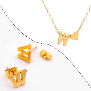 Initiaal Ketting & Oorbellen set met Letter W Goudkleurig - Stainless Steel - Met letter & Hartje! - 2x Sieraden Cadeau - Pax Amare