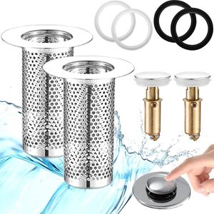 2 stuks vloerafvoerfilters van roestvrij staal voor 33-55 mm afvoer, universele afvoerstop zeef met messing push-type terugslagkern, wastafelstop voor gootsteen, badkuip, keuken, douchegoot