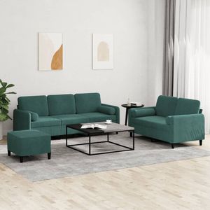 vidaXL Fluweelbank - Lounge Set - 3-delige Loungeset met kussens fluweel donkergroen - Donkere Groene Bank - 2 Persoons Bank - 3 Persoons Bank