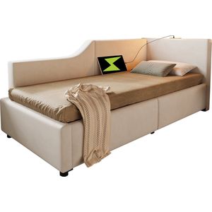 Merax Velvet Bedbank 90x190 cm – Multifunctioneel Daybed met Hydraulische Opbergruimte - USB-C Laadfunctie en Leeslamp – Kinderbed - Tienerbed en Logeerbed met Houten Lattenbodem – Beige