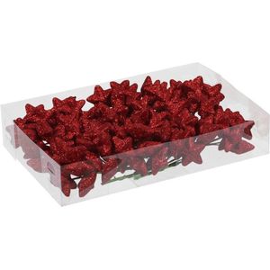 108x Rode glitter mini sterretjes stekers kunststof 4 cm - Kerststukje maken onderdelen
