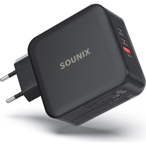 Sounix USB C Oplader - 100W Snellader - Oplader - GaN - 2 USB-C & 1 USB-A Adapter - Snellader - USB Stekker - Zwart