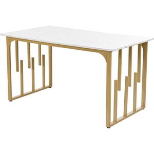 Sweiko 140 x 80cm Eettafel,(1-St), Keukentafel, Unieke Metalen Frame Rechthoekige Eettafel in Moderne Marmeren Patroon Keukentafel met Verstelbare Voeten voor Eetkamer Woonkamer, Wit en Gouden