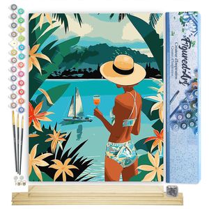 Figured'Art Schilderen op Nummer Volwassenen canvas Dame en oceaan- Handwerk acrylverf Kit DIY Compleet - 40x50cm met DIY houten lijst