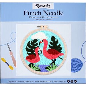 Figured'Art Punch Needle Kit voor Volwassenen en Kinderen - Een paar flamingo's - Perfect voor Beginners. Compleet klaar-om-te-borduren set, maat 20x20 cm met ronde frame