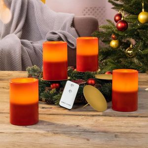 Set van 4 LED waskaarsen met afstandsbediening - Kunstmatige stompe kaarsen in rood met gouden kaarshouders