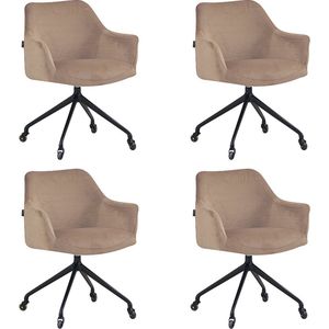 Bronx71® Eetkamerstoel met wieltjes Quinn taupe velvet - Eetkamerstoelen set van 4