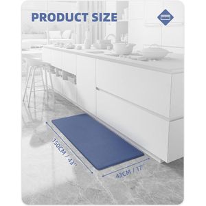 Keukenmat 44 x 150 cm, Heavy Duty Anti Vermoeidheid Staande Mat, Keukentapijt Waterdicht, Antislip, Oliebestendig Lederen Vloermat Voor Staand Bureau, Keuken, Kantoor (Blauw)