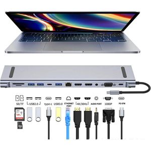 TKMARS 12 in 1 USB C Hub - Docking Station - USB Splitter - Dubbel 4K HDMI -2 USB A - USB C - USB 3.0 - 100G Ethernet - Micro TF/SD - Geschikt voor Laptop, Macbook, Windows, Linux, Android, IOS