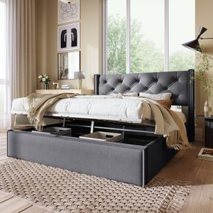 Merax Queensize Tweepersoonsbed 160x200cm - Gestoffeerd Bed met Hydraulische Opbergruimte - Grijs