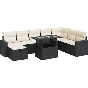vidaXL - 9-delige - Loungeset - met - kussens - poly - rattan - zwart