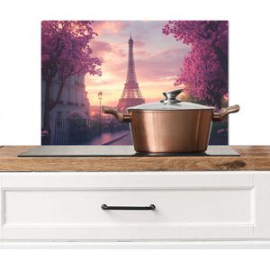 Spatscherm keuken 70x50 cm - Kookplaat achterwand Eiffeltoren - Parijs - Roze - Muurbeschermer - Spatwand fornuis - Hoogwaardig aluminium