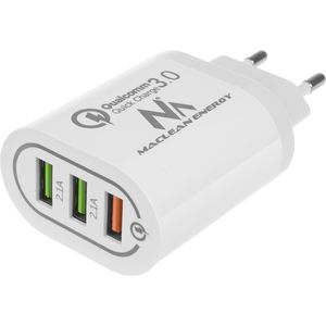 Maclean Energy MCE479 W - wit Qualcomm Quick Charge QC 3.0 - 3.6-6VV / 3A, 6-9V / 2A, 9-12V / 1.5A en 2 stopcontacten 5V / 2.1A Wit