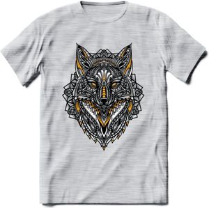 Vos - Dieren Mandala T-Shirt | Geel | Grappig Verjaardag Zentangle Dierenkop Cadeau Shirt | Dames - Heren - Unisex | Wildlife Tshirt Kleding Kado | - Licht Grijs - Gemaleerd - L