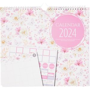 Familieplanner Flowers 2024 - Roze / Wit- kalender - weekplanner - Inclusief stickersheet