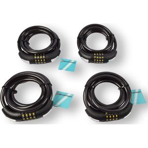 Set van 4 Code Kabelsloten voor Electrische Fietsen - Kunststof en Rubber Cijferslot Fiets - 180cm x 10mm - Zwarte – Durzaam Fietsaccessoires