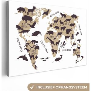 Canvas Wereldkaart - 140x90 - Wanddecoratie Wereldkaart - Bruin - Dieren