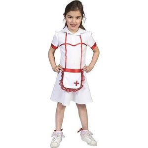 Funny Fashion - Verpleegster & Masseuse Kostuum - Ziekenhuis Zuster Sara - Meisje - Rood, Wit / Beige - Maat 152 - Carnavalskleding - Verkleedkleding