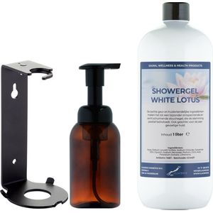 Zeepdispenser 300 ml amber bruin hervulbaar + 1 liter Showergel White Lotus navulling (inclusief beugel)