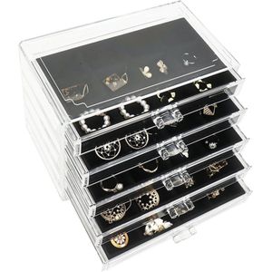 Acrylic Jewellery Storage Box - 5 Drawer Organizer for Earrings and Rings - Black Color
