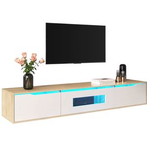 Merax TV Meubel met LED Verlichting - Moderne Hoogglans TV-meubel - Wit met Naturel Houtkleur