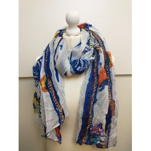 Lange dames sjaal Ans vlindermotief wit blauw groen oranje roze geel rood