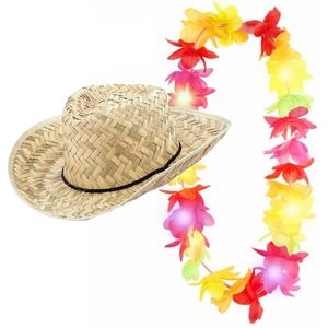 Toppers - Carnaval verkleedset - Tropische Hawaii party - strohoed - en LED lights gekleurde bloemenslinger - voor volwassenen