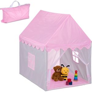 Relaxdays speeltent huisje - roze speelhuisje binnen - kindertent met tas - kinderkamer
