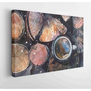 Aquarel tekenen. Mok met thee op een houten ondergrond, bovenaanzicht - Modern Art Canvas - Horizontaal - 1038882970 - 80*60 Horizontal