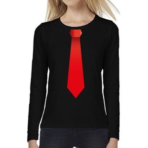 Stropdas rood long sleeve t-shirt zwart voor dames- zwart shirt met lange mouwen en stropdas bedrukking voor dames XS