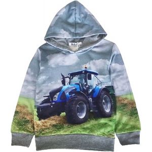 Kinder Sweater Hoodie trui met tractor full color print | Kleur grijs | maat 146/152 | capuchon | trekker | Supermooi!