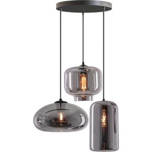 Hanglamp 3-Lichts Mix | Rookglas | Industrieel | Woonkamer | Eetkamer | Smoke | Zwart