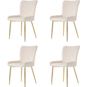Merax Set van 4 Luxe Fluwelen Eetkamer- en Loungestoelen – Beige met Gouden Metalen Poten – Comfortabel en Duurzaam met Lendensteun