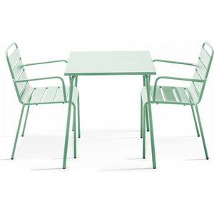 Oviala - Set van een vierkante tuin tafel en 2 groene salontafels van staal - Palavas