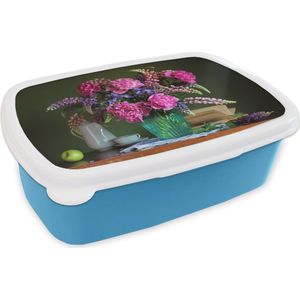 Broodtrommel Blauw - Lunchbox - Brooddoos - Tafel - Bloemen - Stilleven - 18x12x6 cm - Kinderen - Jongen