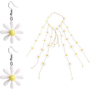 - 1 stuk wit madeliefjes-haaraccessoire- 1 paar witte madeliefjesoorbellen- Zomerzonnewende-hoofddeksel- Gehaakte bloemenhoofdband voor vrouwen