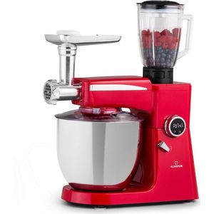 Klarstein Renata Rossa - Keukenmachine - 3-in-1 - 8 Standen - 2000 W - 10 liter RVS Kom - Bevat geen BPA - 1,5 Liter Blender Opzet - Haarfijn Roeren En Mengen - Van Zwaar Brooddeeg Tot Luchtige Slagroom - Eenvoudig In Gebruik - Robuust - Rood