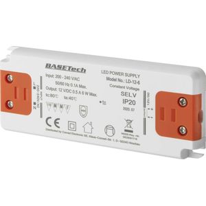 Basetech LD-12-6 LED-transformator Constante spanning 6 W 0.5 A Geschikt voor meubels, Overspanning, Montage op ontvlam